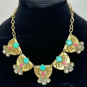 Stella & dot statement necklace, turquoise, pink, old gold, brushed gold, brass